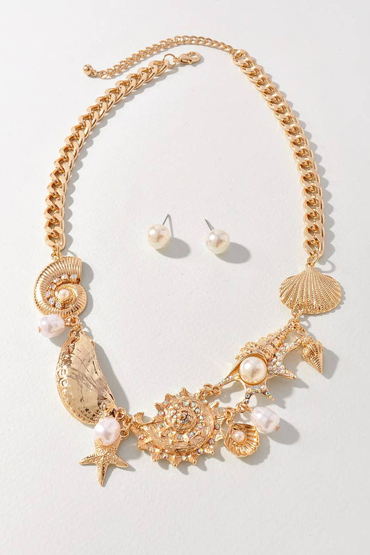 METAL CHAIN SEALIFE STARFISH PEARL NECKLACE