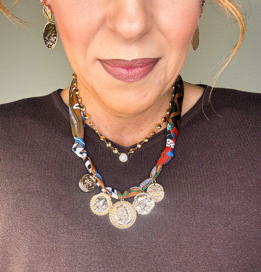 Desert Treasures – Multi Coin Necklace with Brown Scarf Tie